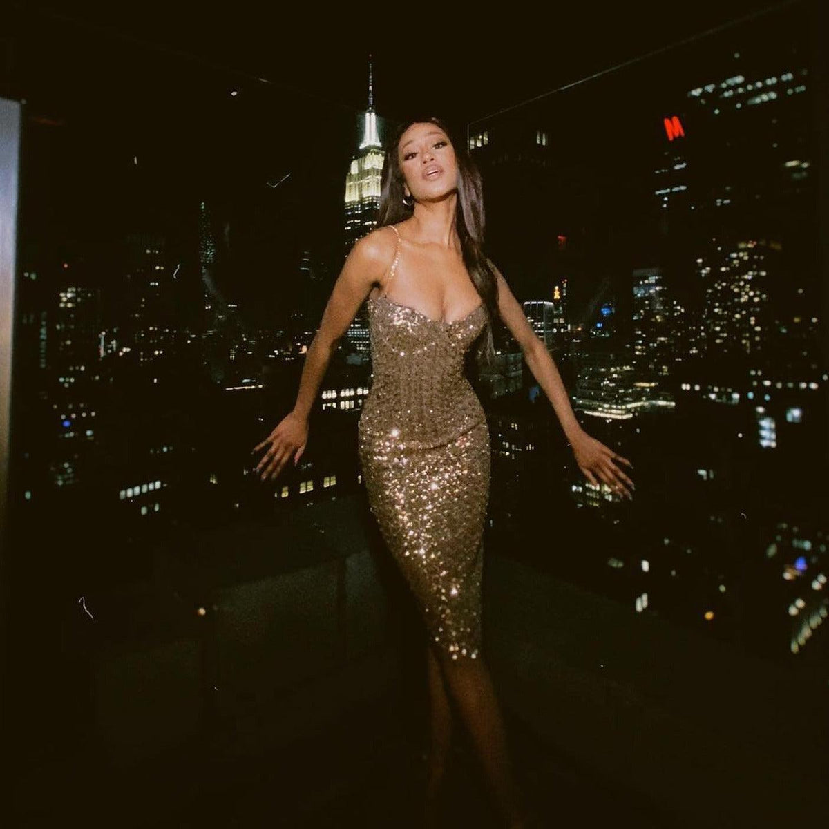 Gold Spaghetti Strap Sweetheart Sequin Corset Bodycon Midi Dress