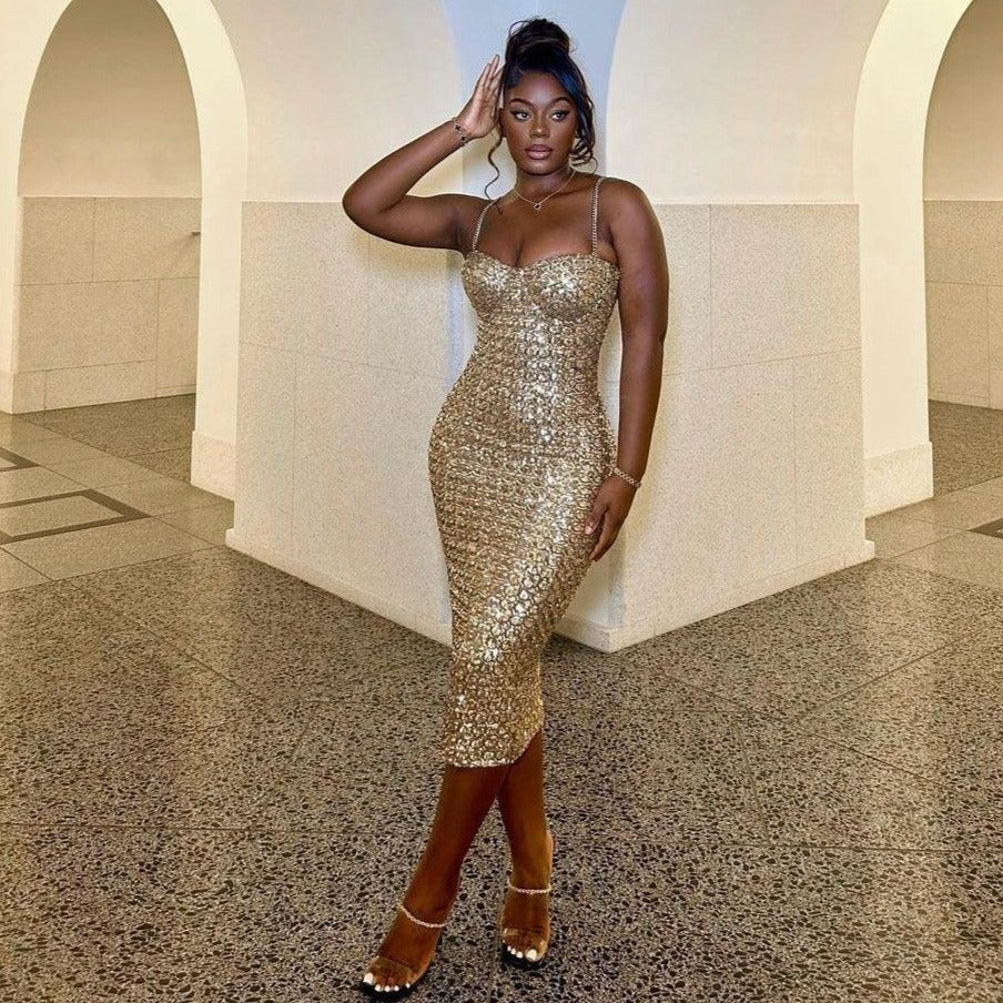 Gold Spaghetti Strap Sweetheart Sequin Corset Bodycon Midi Dress
