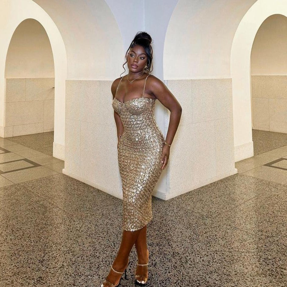 Gold Spaghetti Strap Sweetheart Sequin Corset Bodycon Midi Dress