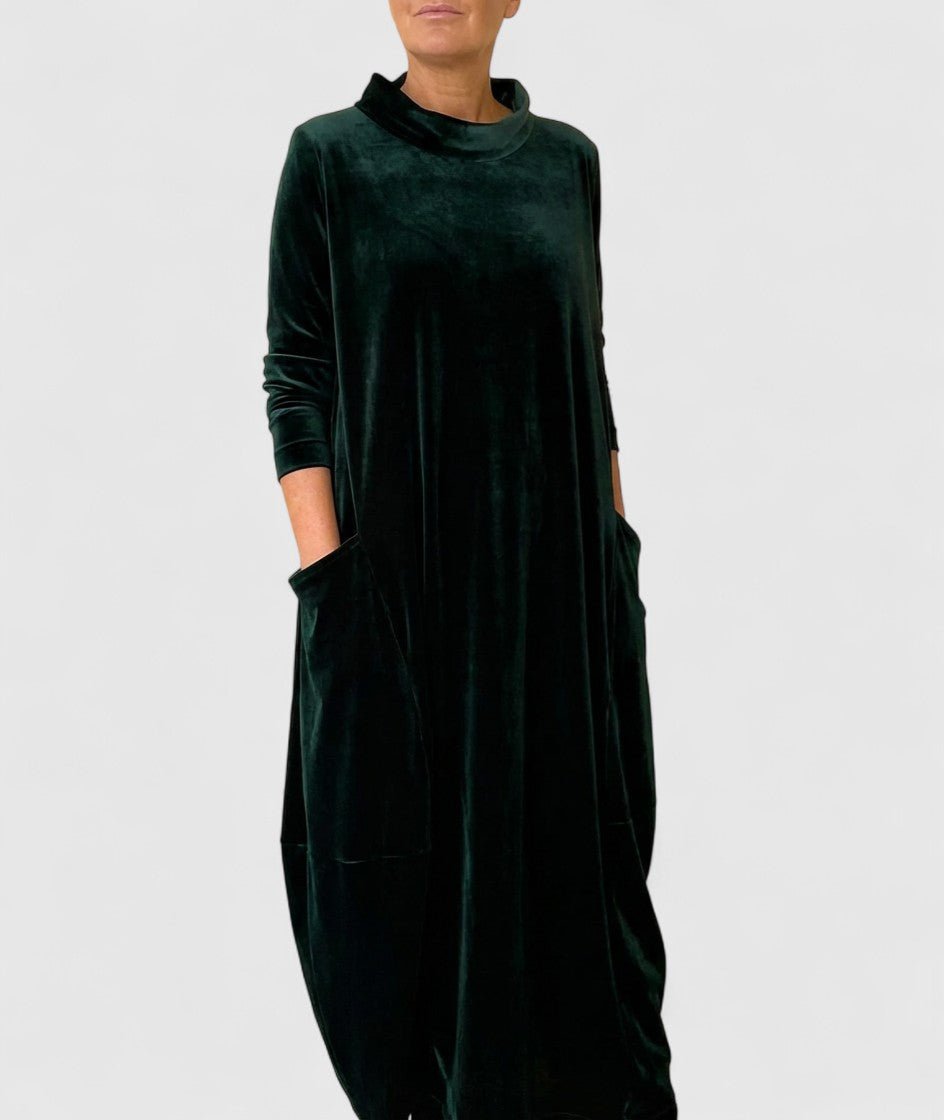 High Neck Velvet Long Sleeve Pocket Loose Cocoon Maxi Dress