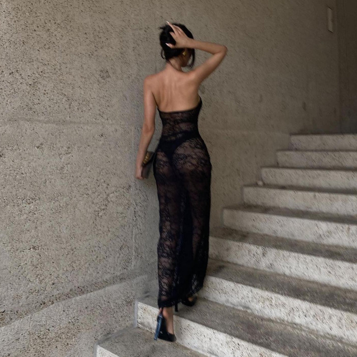 Strapless Sweetheart Sheer Lace Bodycon Maxi Dress
