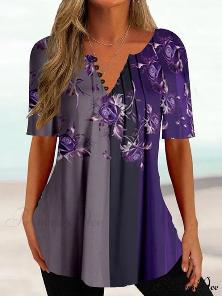 Navy Fit Flowered Women's in Brief Blue Painting Button Tunic White Sleeve Regular Neck Black with Flowered Print Round Tshirt Weekend Festive Design