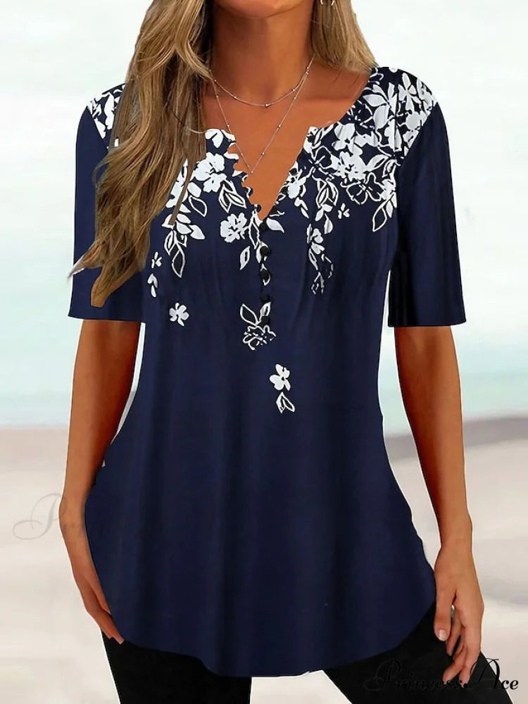 Navy Fit Flowered Women's in Brief Blue Painting Button Tunic White Sleeve Regular Neck Black with Flowered Print Round Tshirt Weekend Festive Design
