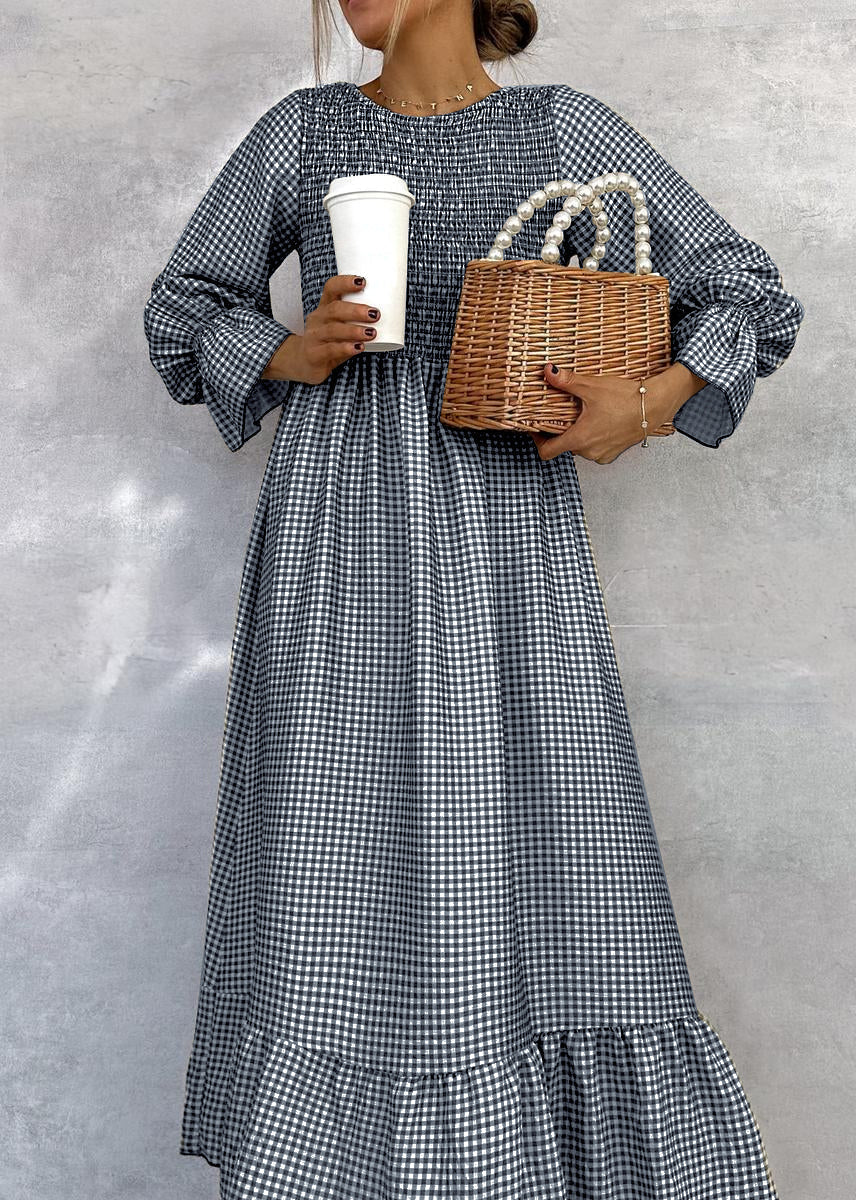 Round Neck Gingham Shirred Bodice Flounce Sleeve A-Line Maxi Dress