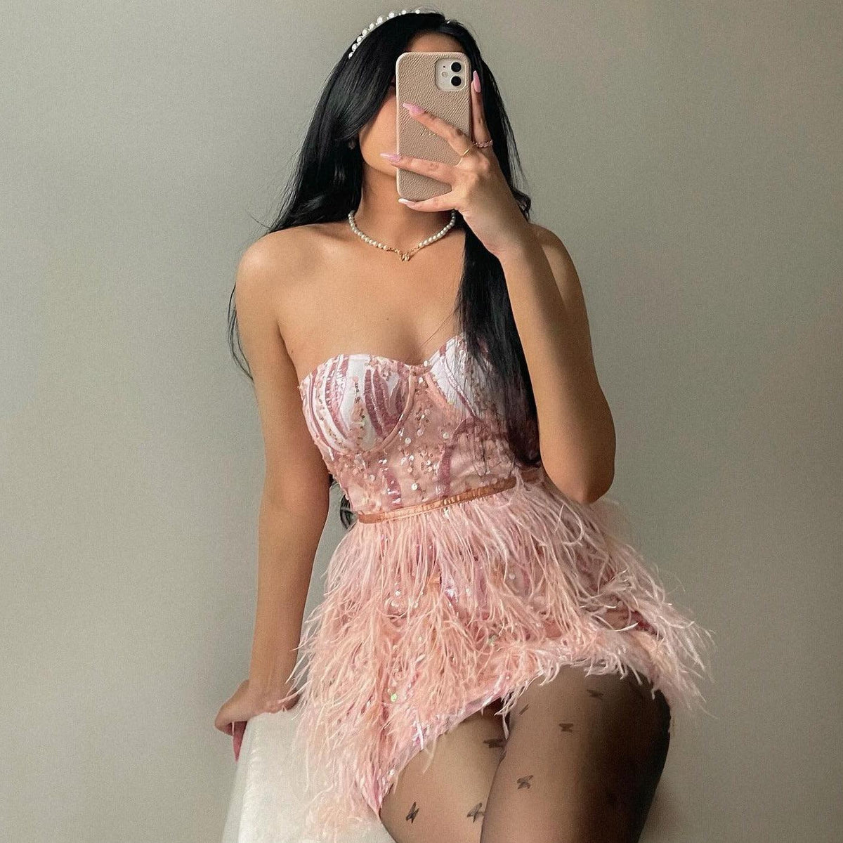 Pink Strapless Sweetheart Sequin Corset Feather Fringe Mini Dress