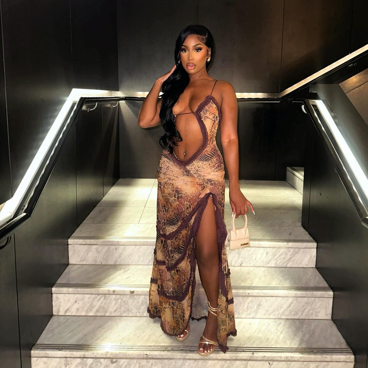 Strappy Ruffle Trim Cutout Printed Mesh Ruched Bodycon Maxi Dress