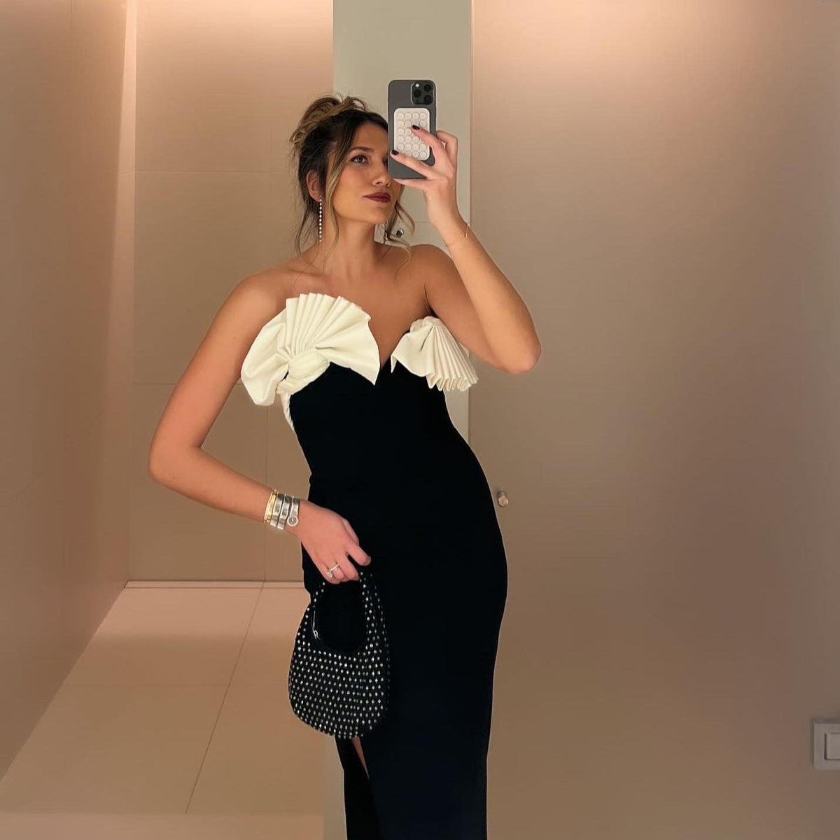 Black Strapless Contrast Ruffle Bow High Slit Column Maxi Gown