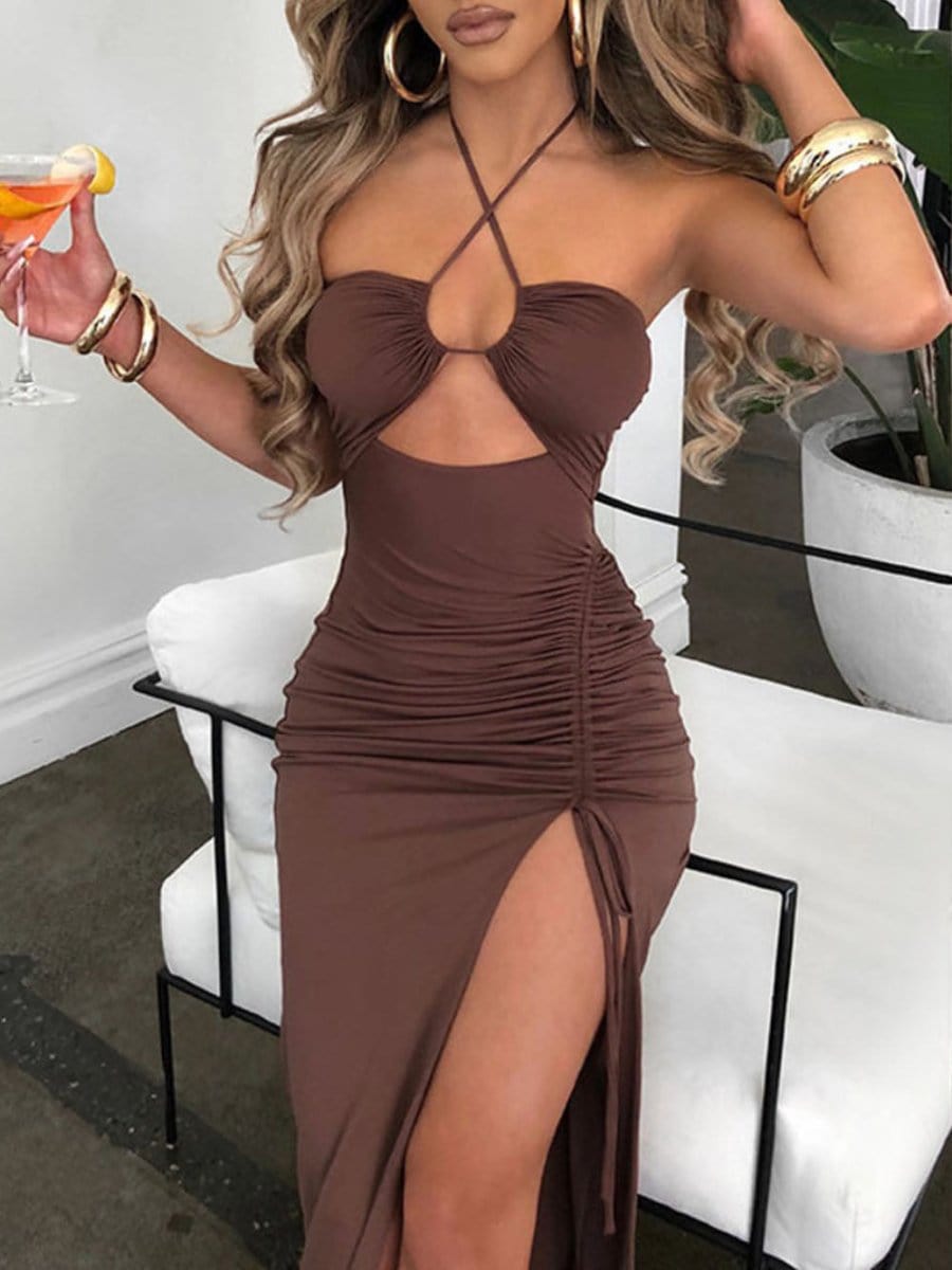 Halter Neck Cut Out Ruched Side Tie High Split Bodycon Maxi Dress 4