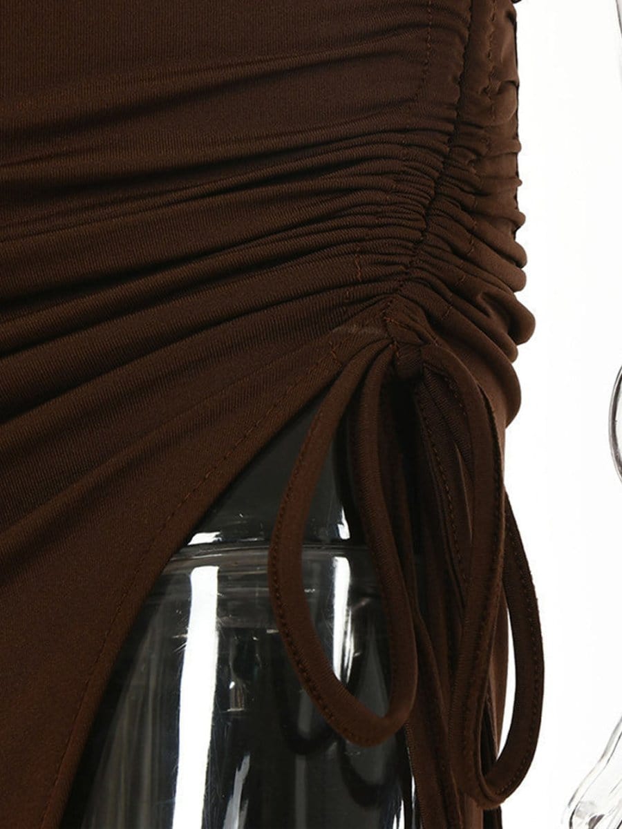 Halter Neck Cut Out Ruched Side Tie High Split Bodycon Maxi Dress 5