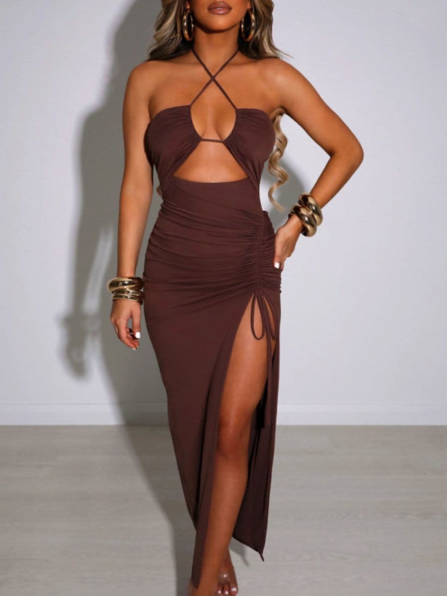 Halter Neck Cut Out Ruched Side Tie High Split Bodycon Maxi Dress 3