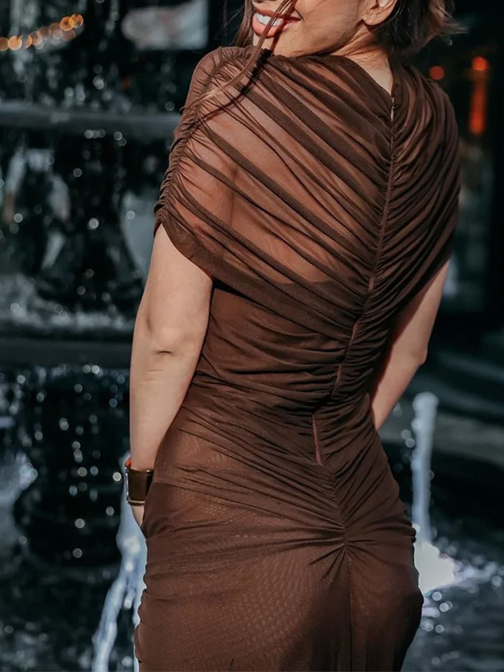 Brown Ruched Mock Neck Cap Sleeve Cut Out Maxi Dress 2