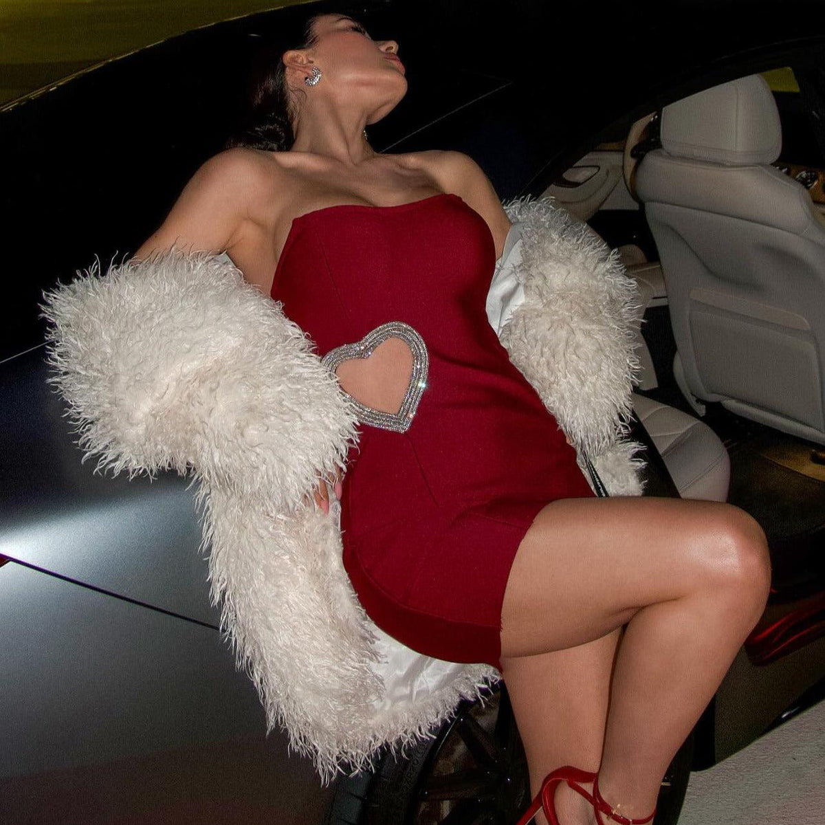 Red Strapless Rhinestone Heart Cutout Bodycon Mini Dress