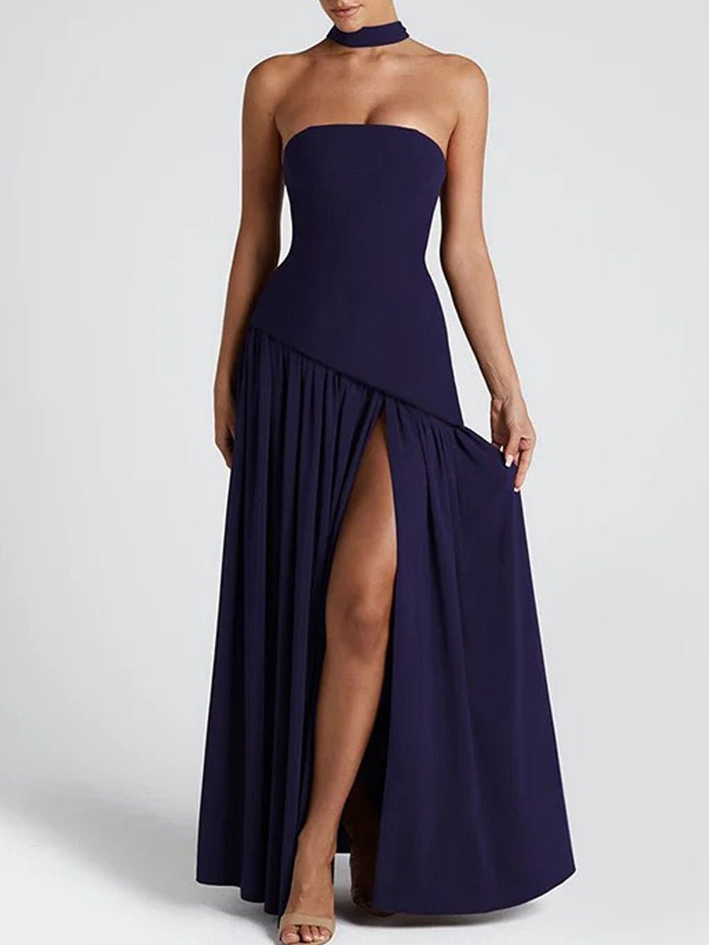 Blue Strapless Drop Waist Gathered Skirt High Split Maxi Dress 4