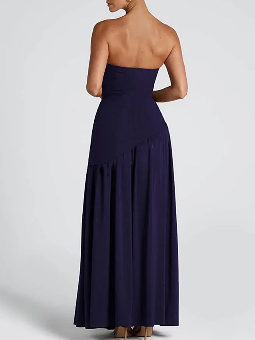 Blue Strapless Drop Waist Gathered Skirt High Split Maxi Dress 2