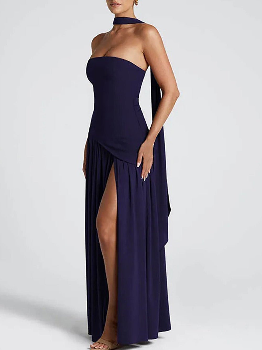 Blue Strapless Drop Waist Gathered Skirt High Split Maxi Dress 3