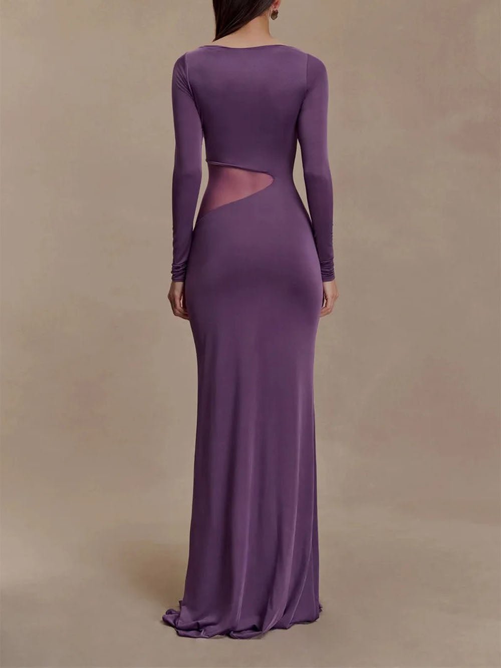 Purple Mesh Cut Out Boat Neck Long Sleeve High Split Bodycon Maxi Dress 2