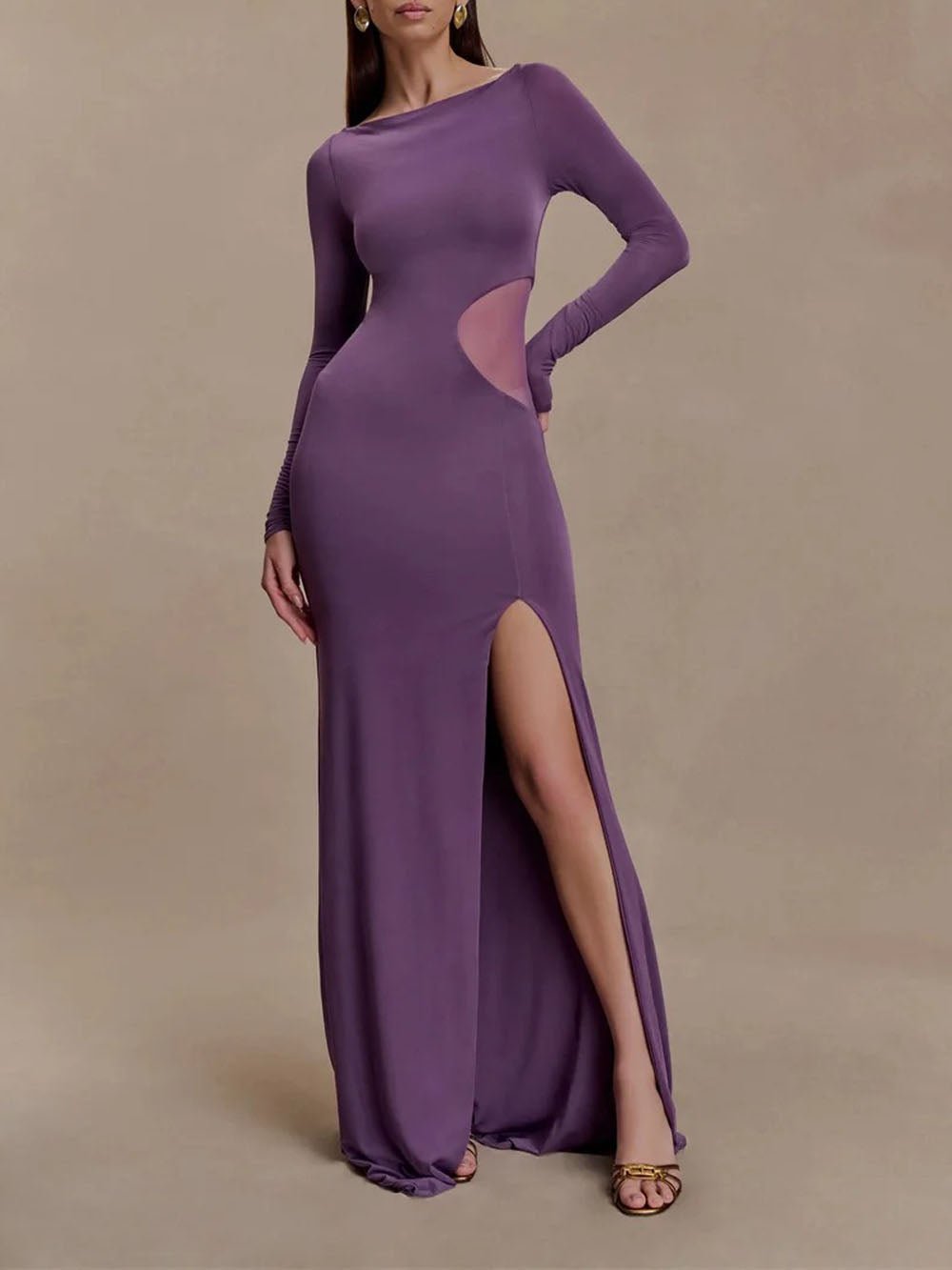 Purple Mesh Cut Out Boat Neck Long Sleeve High Split Bodycon Maxi Dress 4