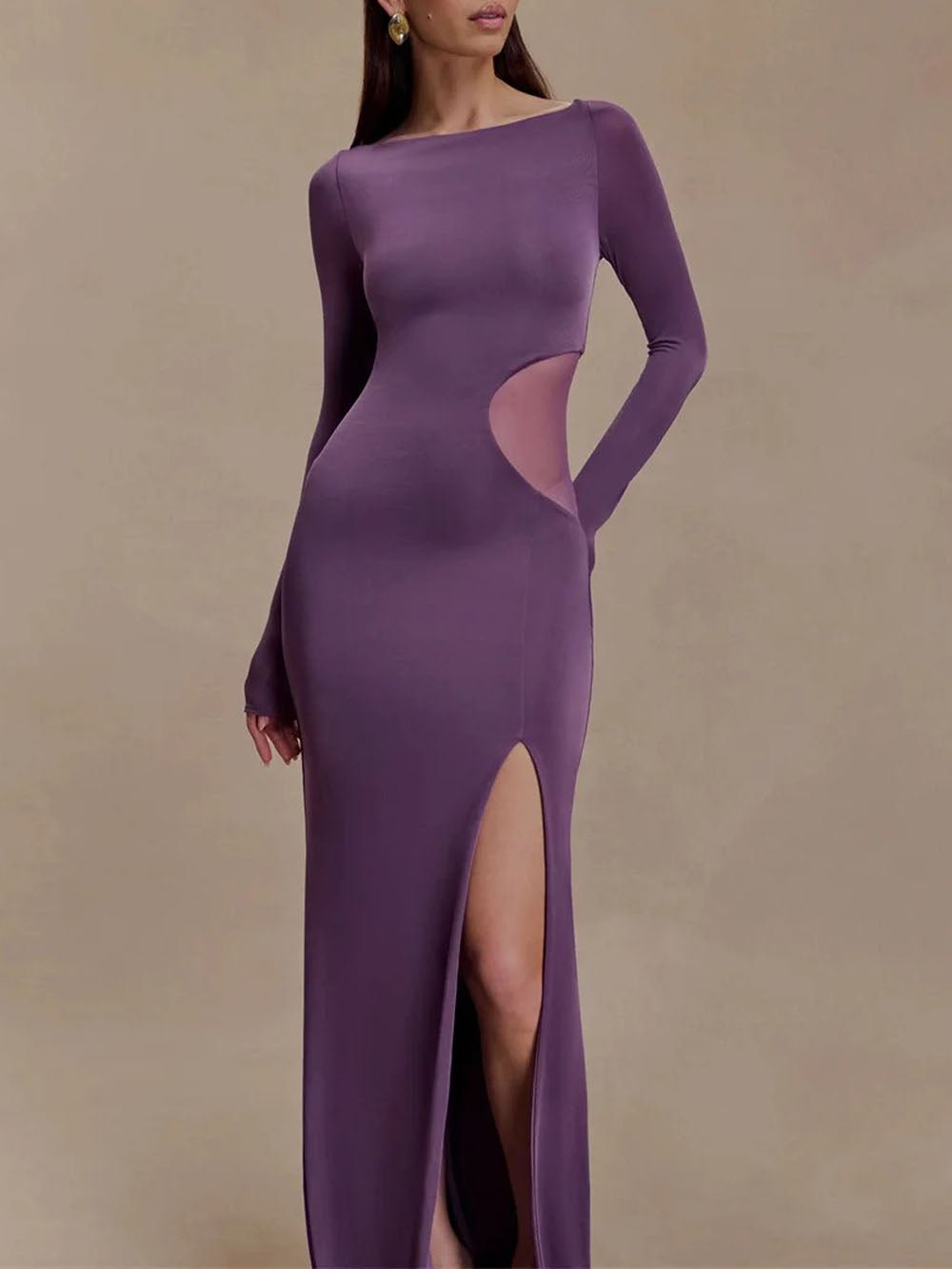 Purple Mesh Cut Out Boat Neck Long Sleeve High Split Bodycon Maxi Dress 3