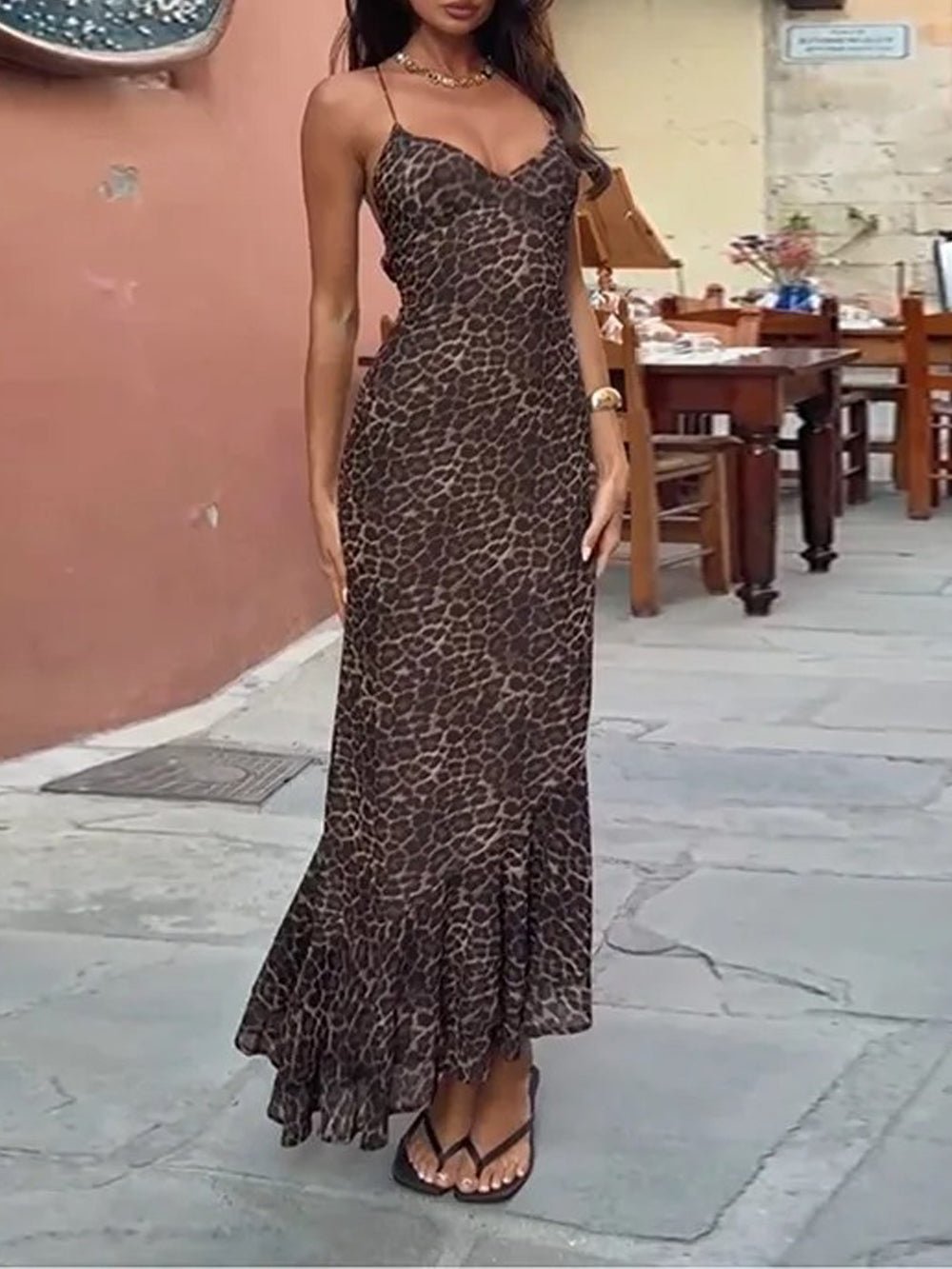 Leopard Spaghetti Strap Deep V-Neck Ruched Lettuce Hem Bodycon Maxi Dress 3