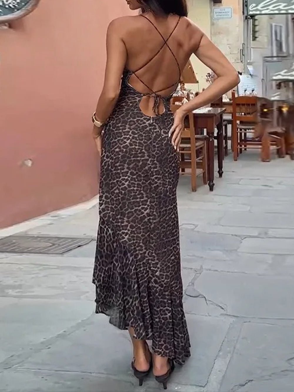 Leopard Spaghetti Strap Deep V-Neck Ruched Lettuce Hem Bodycon Maxi Dress 2