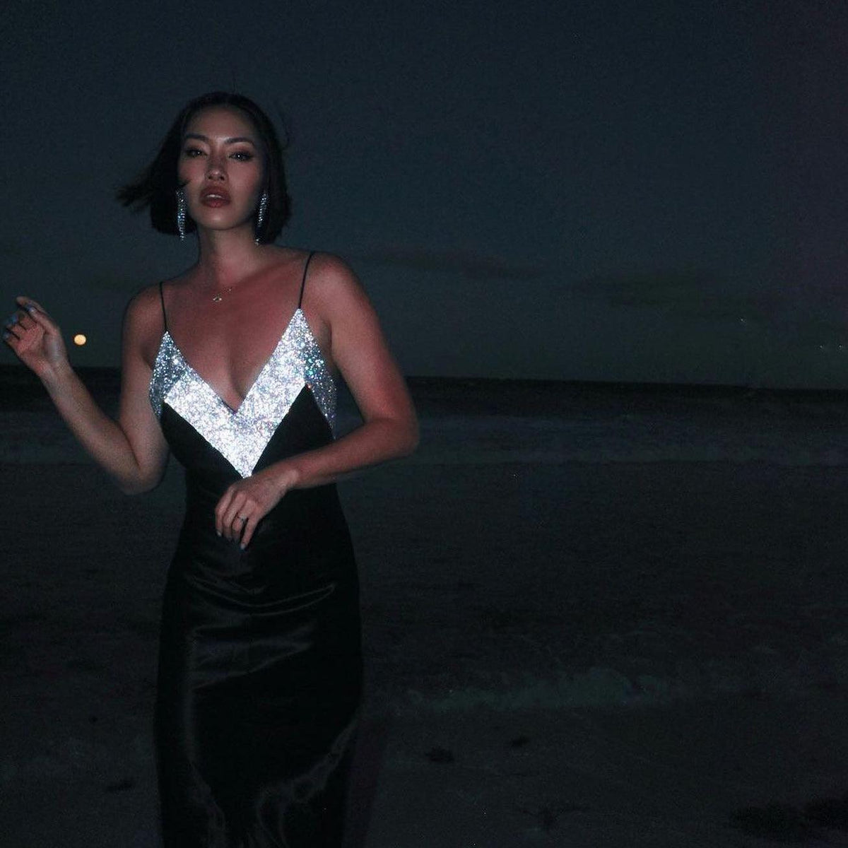 Black Rhinestone Strap Crystal Embellished V-Neck Satin Bodycon Maxi Dress
