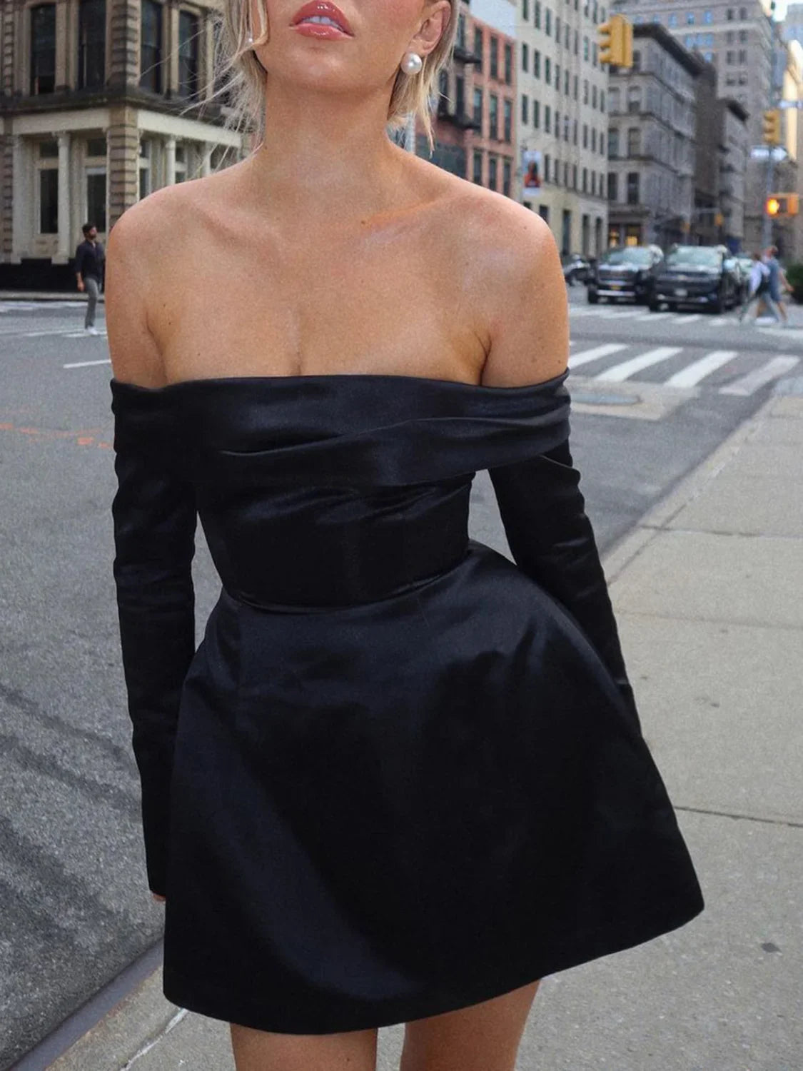 Off Shoulder Long Sleeve Overfold Mini Dress Black / XS Dresses