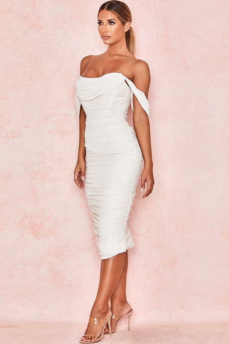 White Off-Shoulder Draped Ruched Bodycon Midi Dress