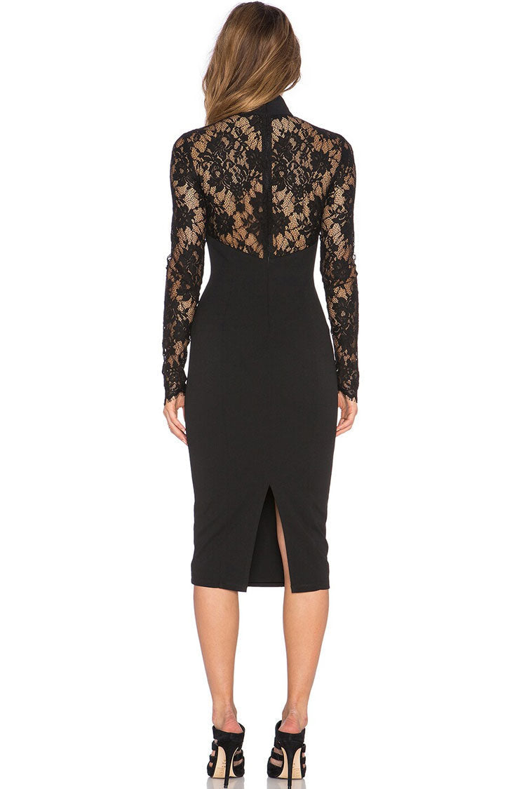 Black High Neck Lace Long Sleeve Sweetheart Cutout Bodycon Midi Dress