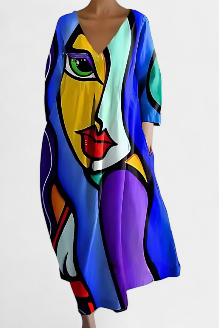 V-Neck Abstract Watercolor Print Pleated Pocket Cocoon Midi Dress 9