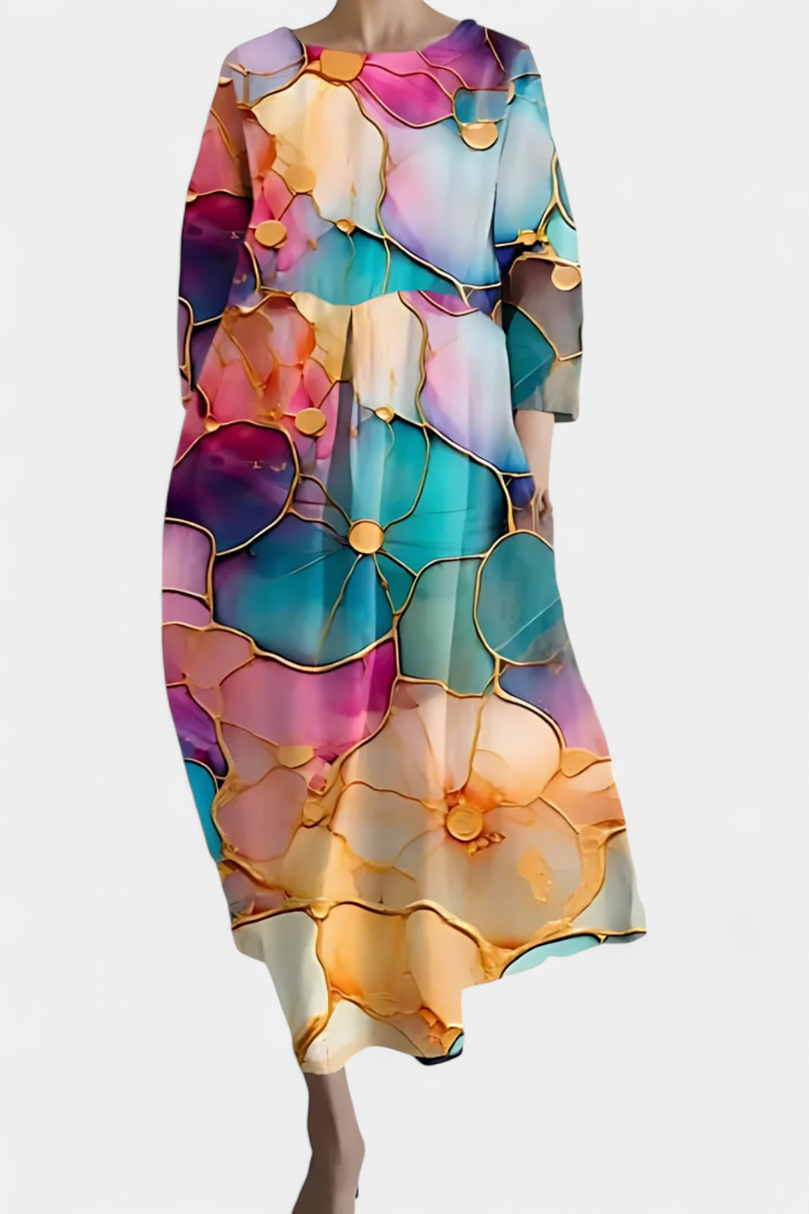 V-Neck Abstract Watercolor Print Pleated Pocket Cocoon Midi Dress 12
