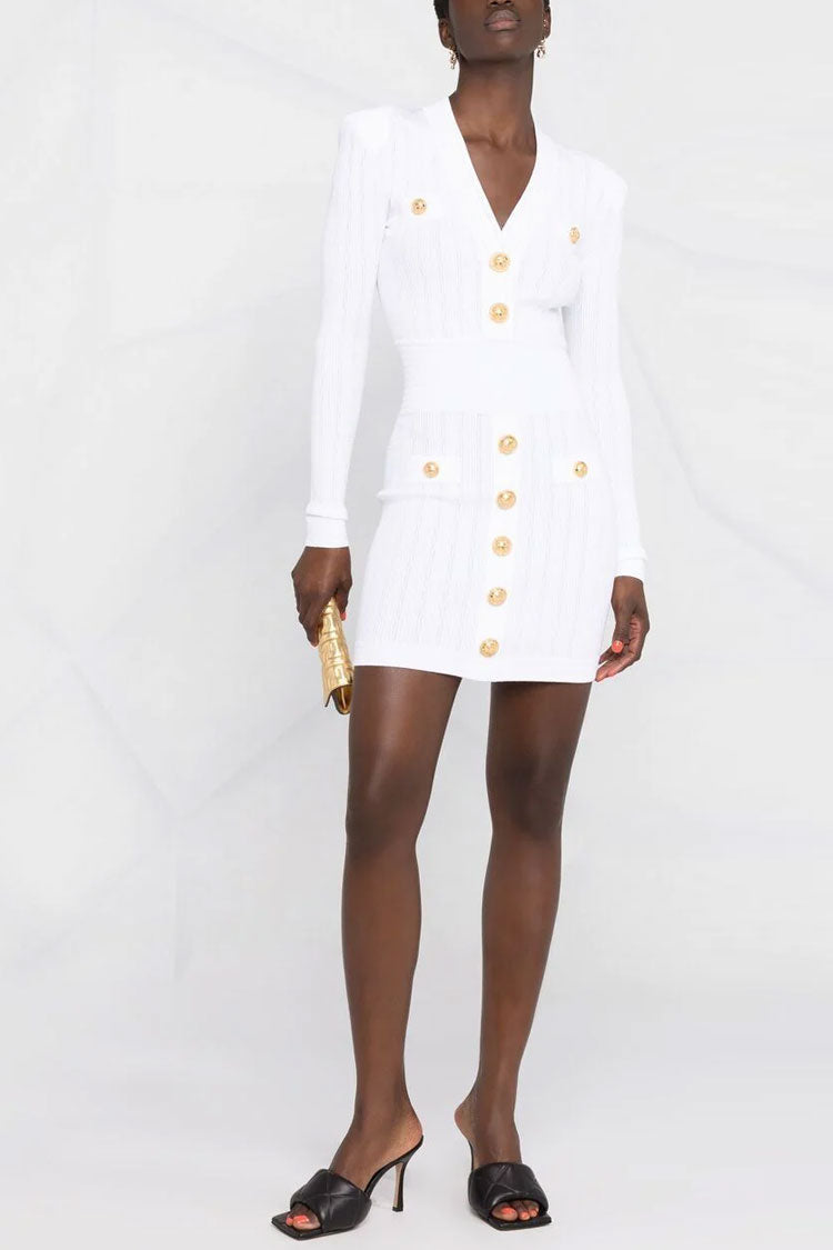 White V-Neck Long Sleeve Gold Button Ribbed Knit Bodycon Mini Dress