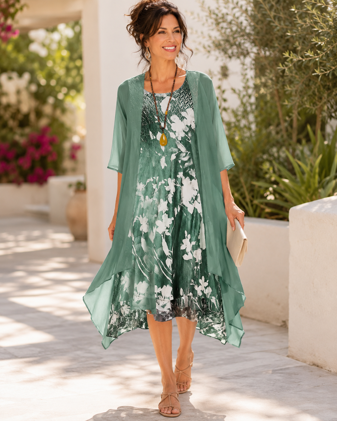 Scoop Neck Floral Chiffon Duster Jacket Midi Dress Set 5
