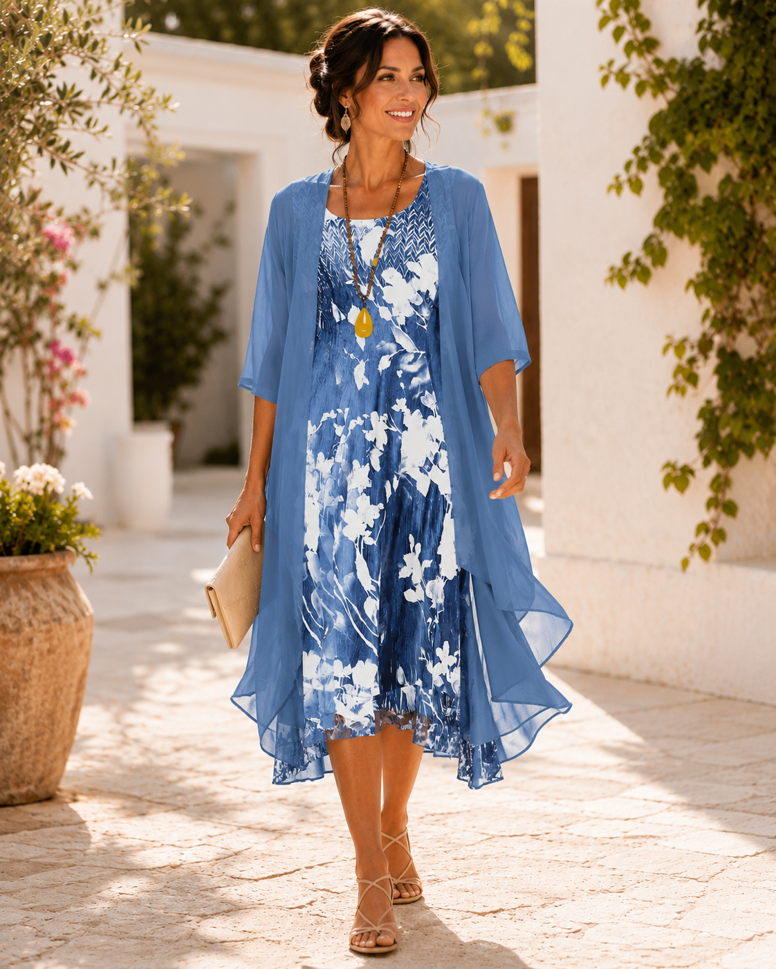 Scoop Neck Floral Chiffon Duster Jacket Midi Dress Set 2