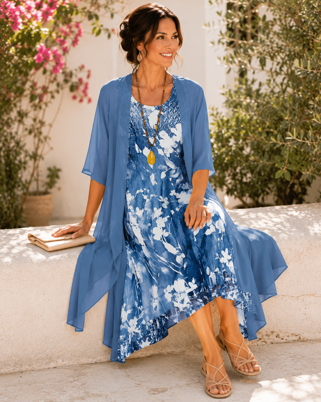 Scoop Neck Floral Chiffon Duster Jacket Midi Dress Set 3