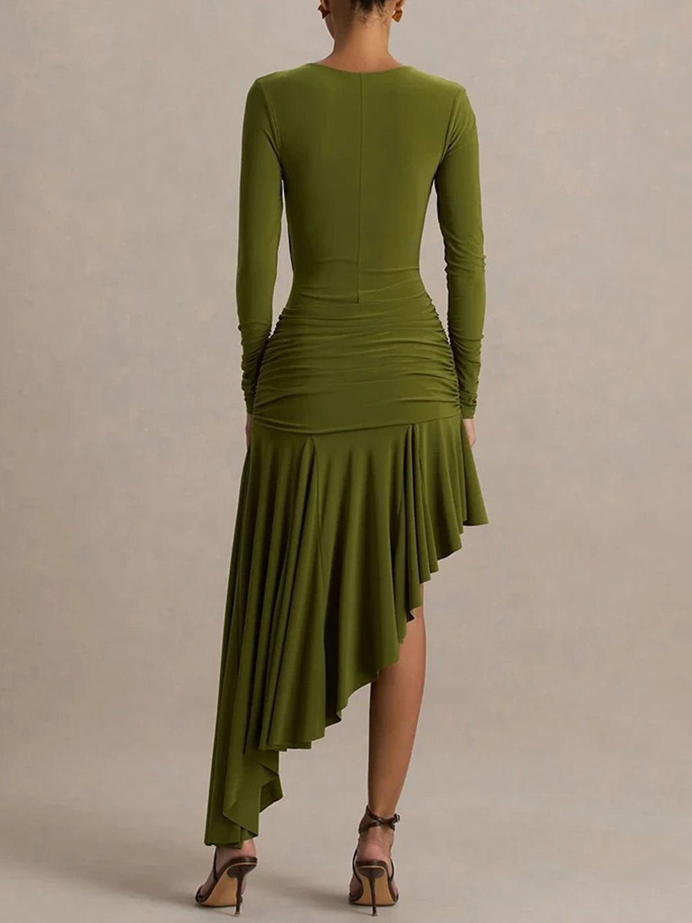 Green Long Sleeve Asymmetric Neck Ring Detail Ruched Drape High Low Bodycon Midi Dress 2