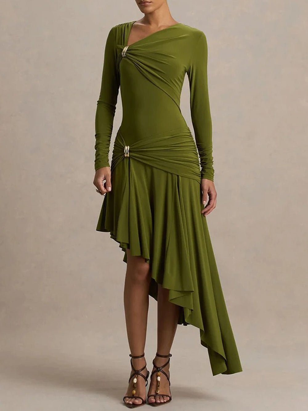Green Long Sleeve Asymmetric Neck Ring Detail Ruched Drape High Low Bodycon Midi Dress 3