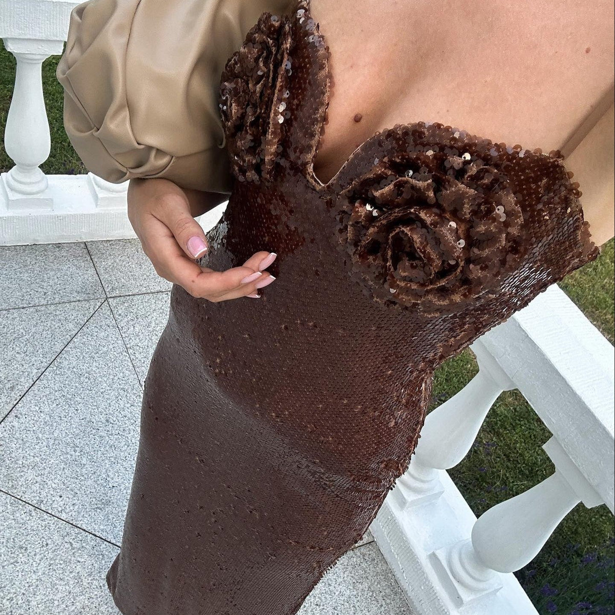 Brown Strapless Sweetheart Sequin Rosette Bodycon Maxi Dress