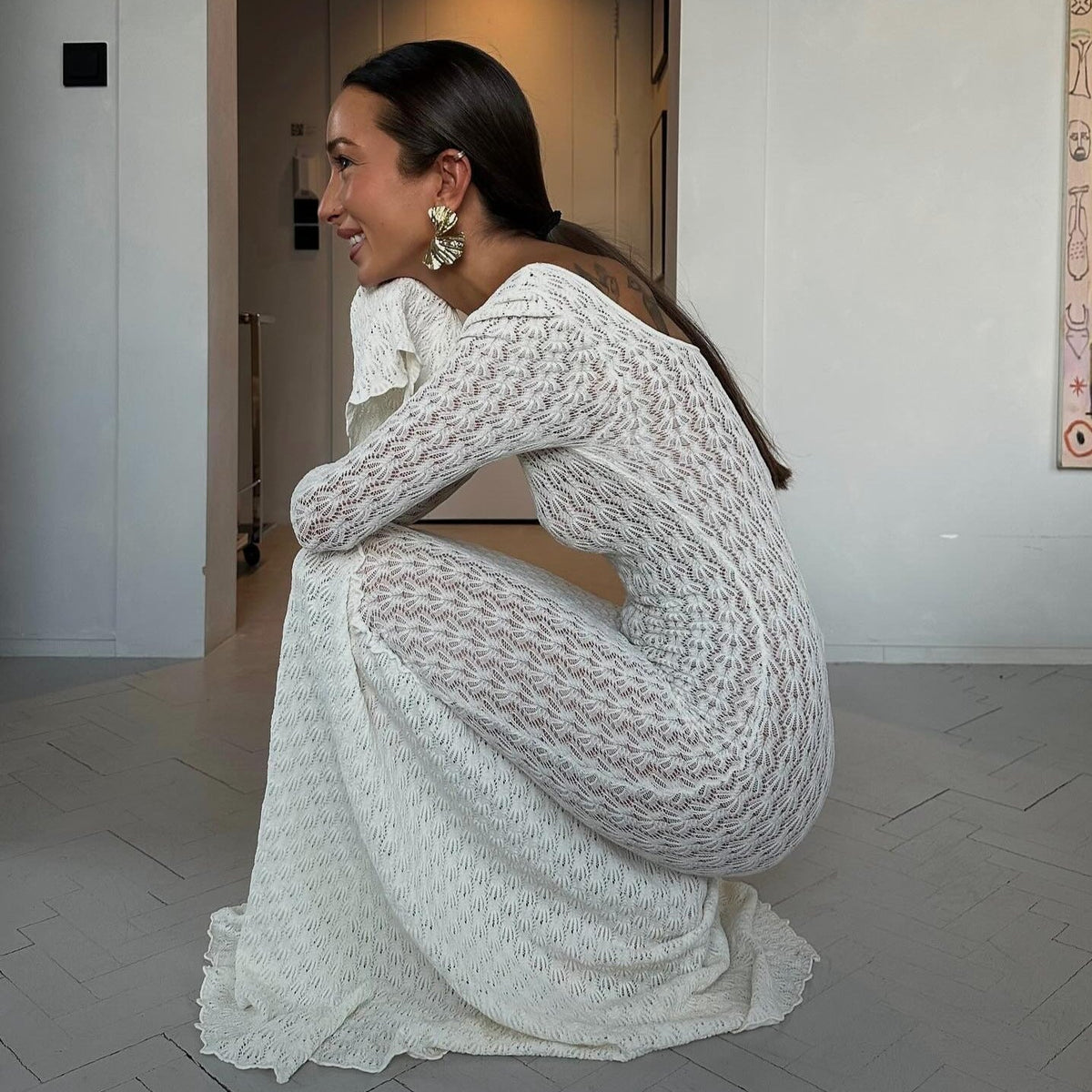 Ivory Long Sleeve Pointelle Crochet Knit Bodycon Maxi Dress