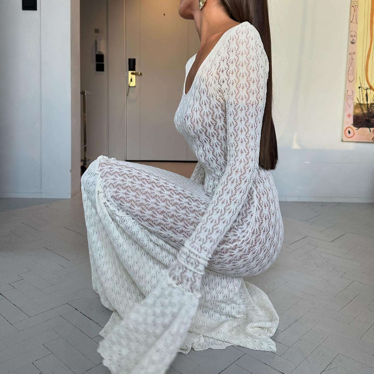 Ivory Long Sleeve Pointelle Crochet Knit Bodycon Maxi Dress 3