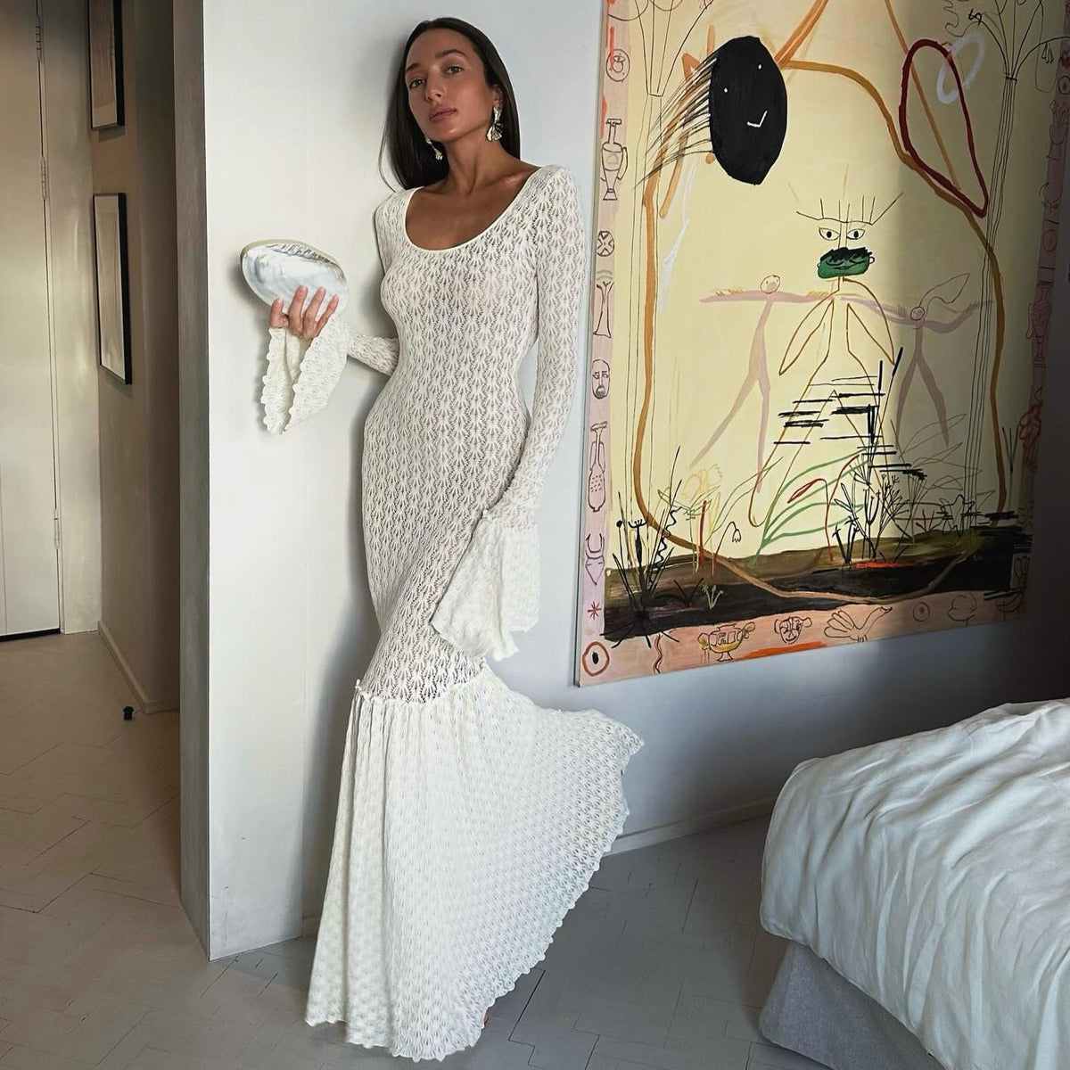 Ivory Long Sleeve Pointelle Crochet Knit Bodycon Maxi Dress 2