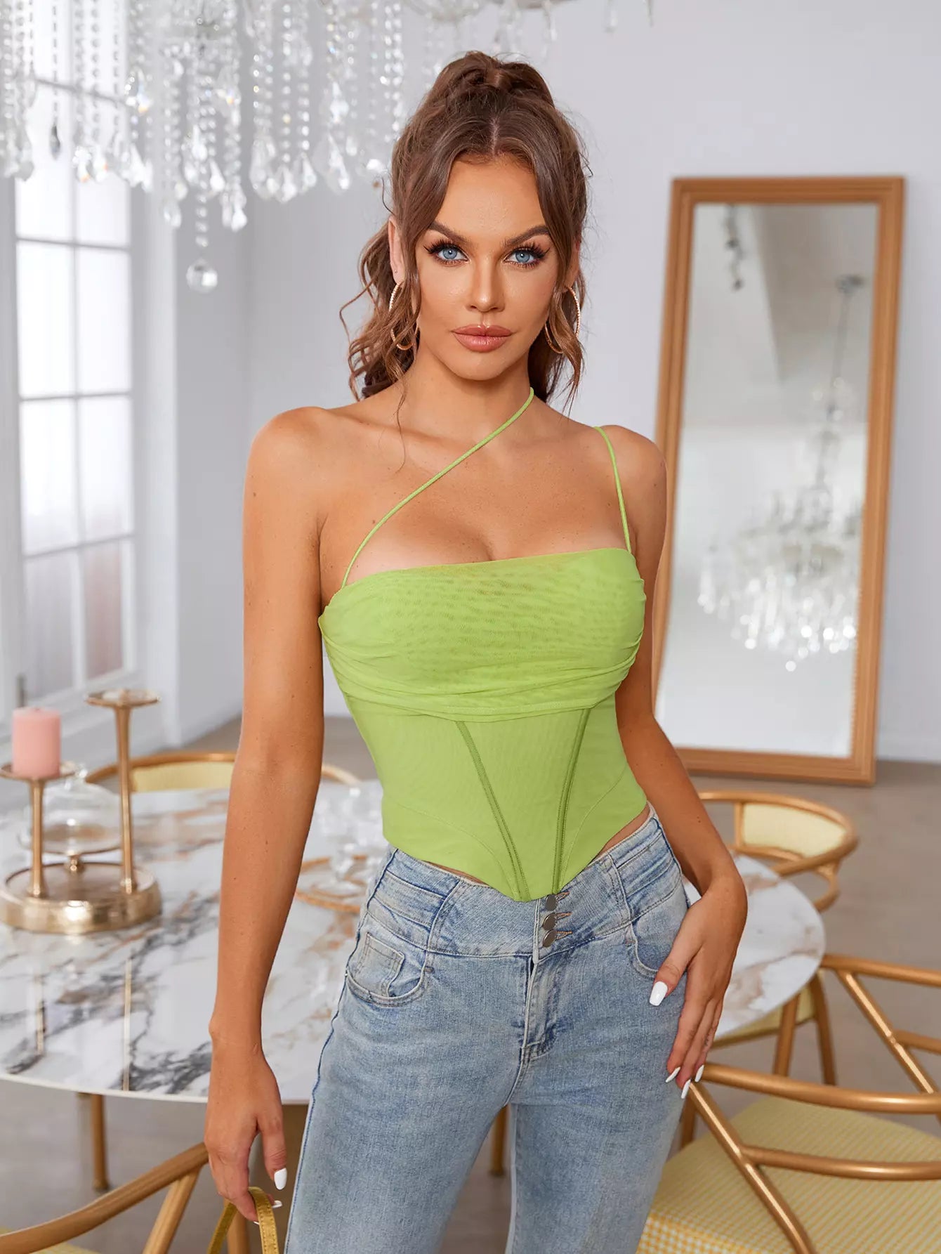 One Shoulder Asymmetrical Hem Mesh Top
