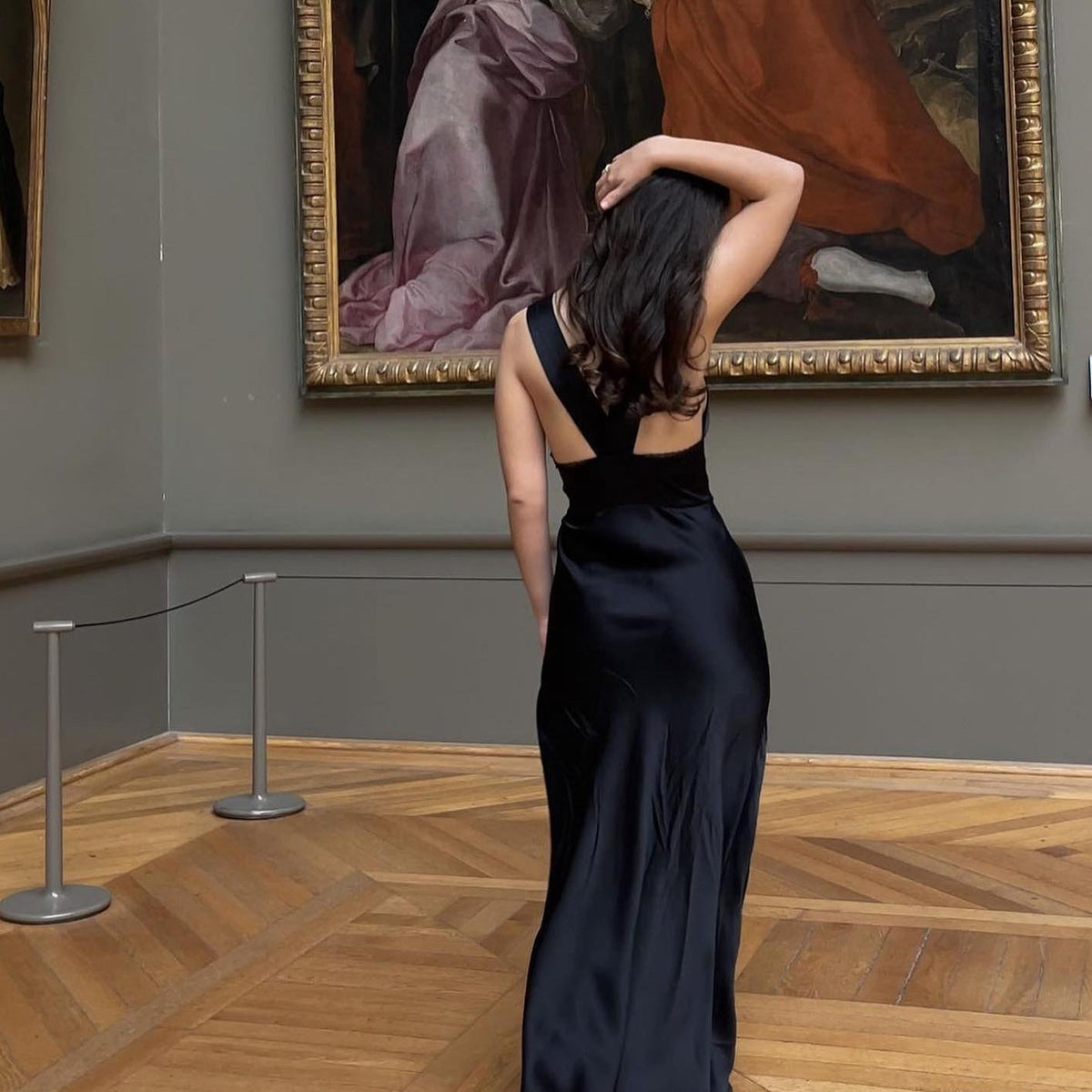 Black V-Neck Lace Satin Cutout Slip Maxi Dress