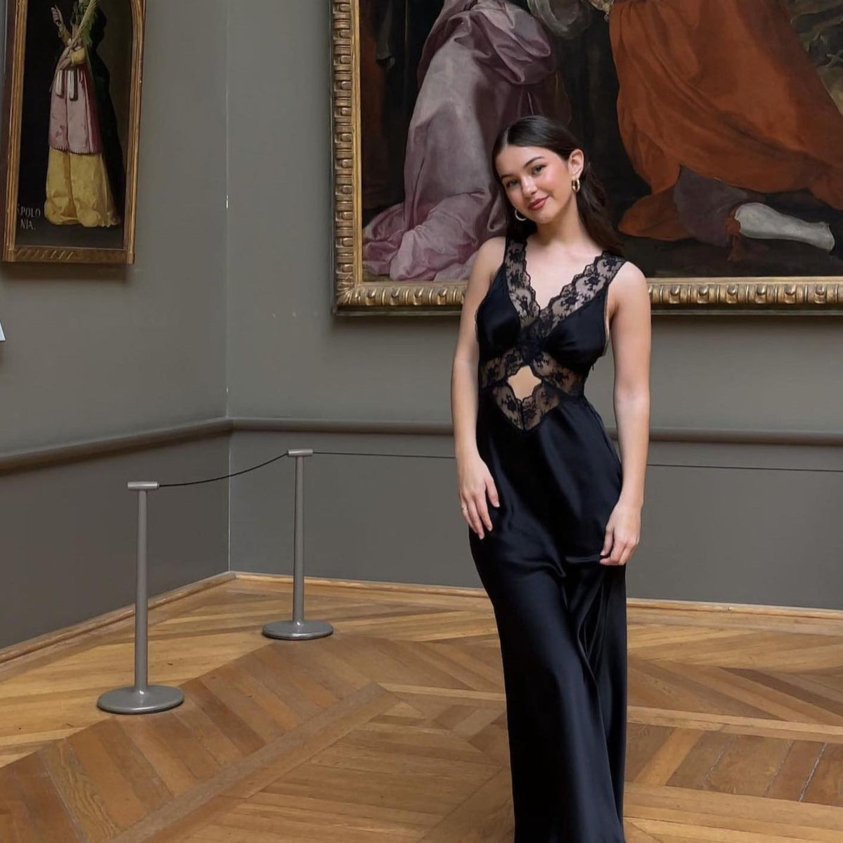 Black V-Neck Lace Satin Cutout Slip Maxi Dress