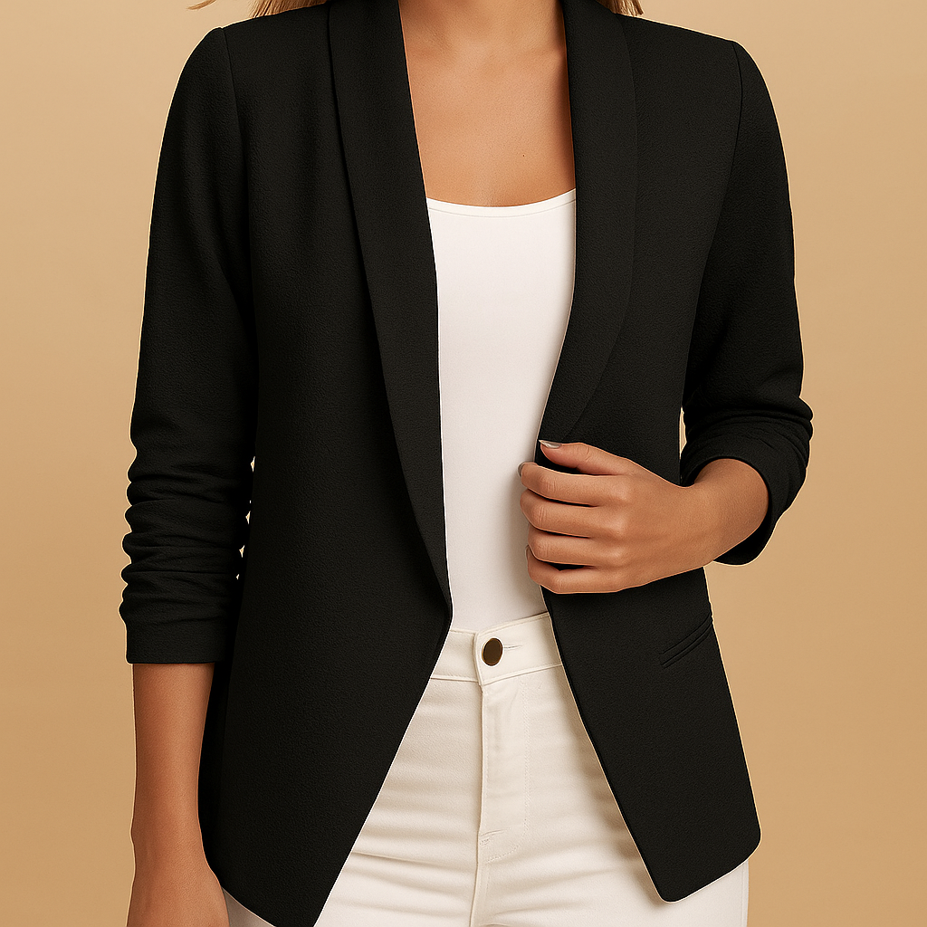 Shawl Collar Open Front Ruched Sleeve Tailored Blazer