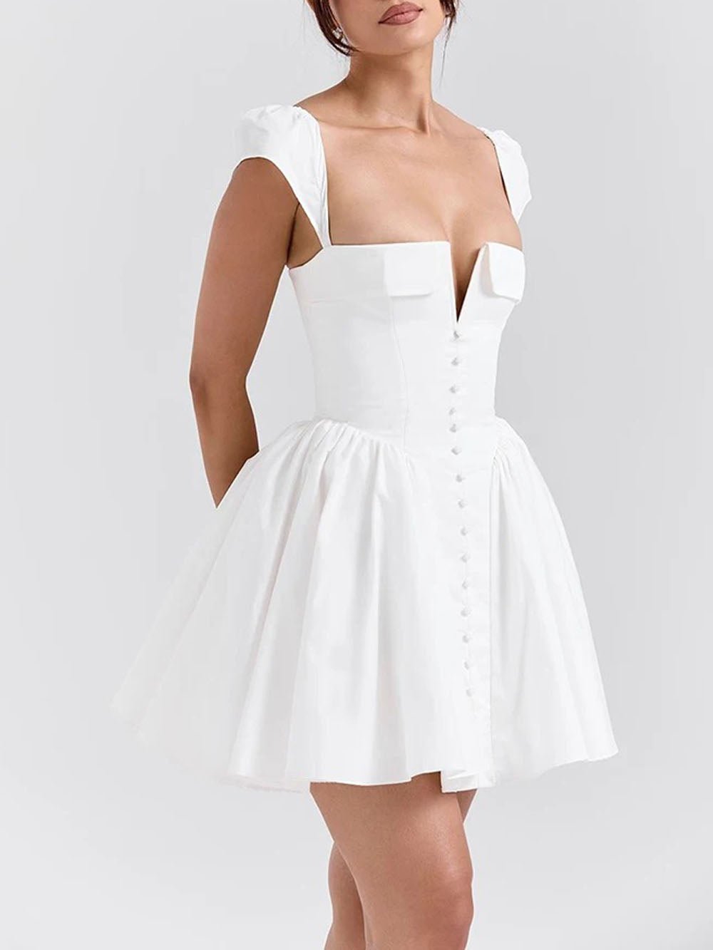 White Deep V-Neck Corset Button Front Puff Sleeve Pleated Fit and Flare Mini Dress 3