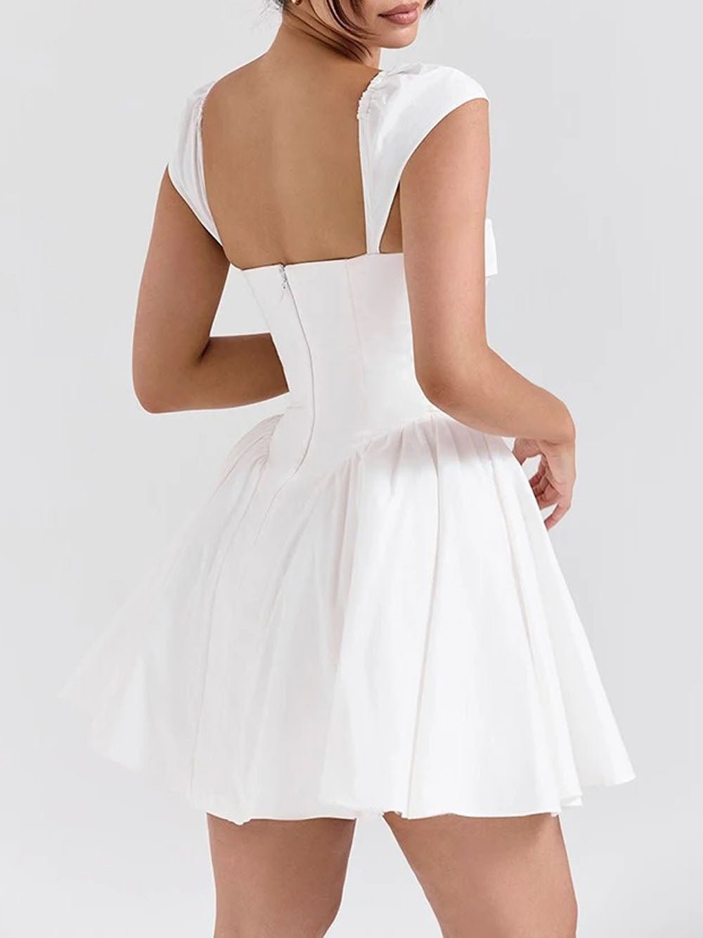 White Deep V-Neck Corset Button Front Puff Sleeve Pleated Fit and Flare Mini Dress 2