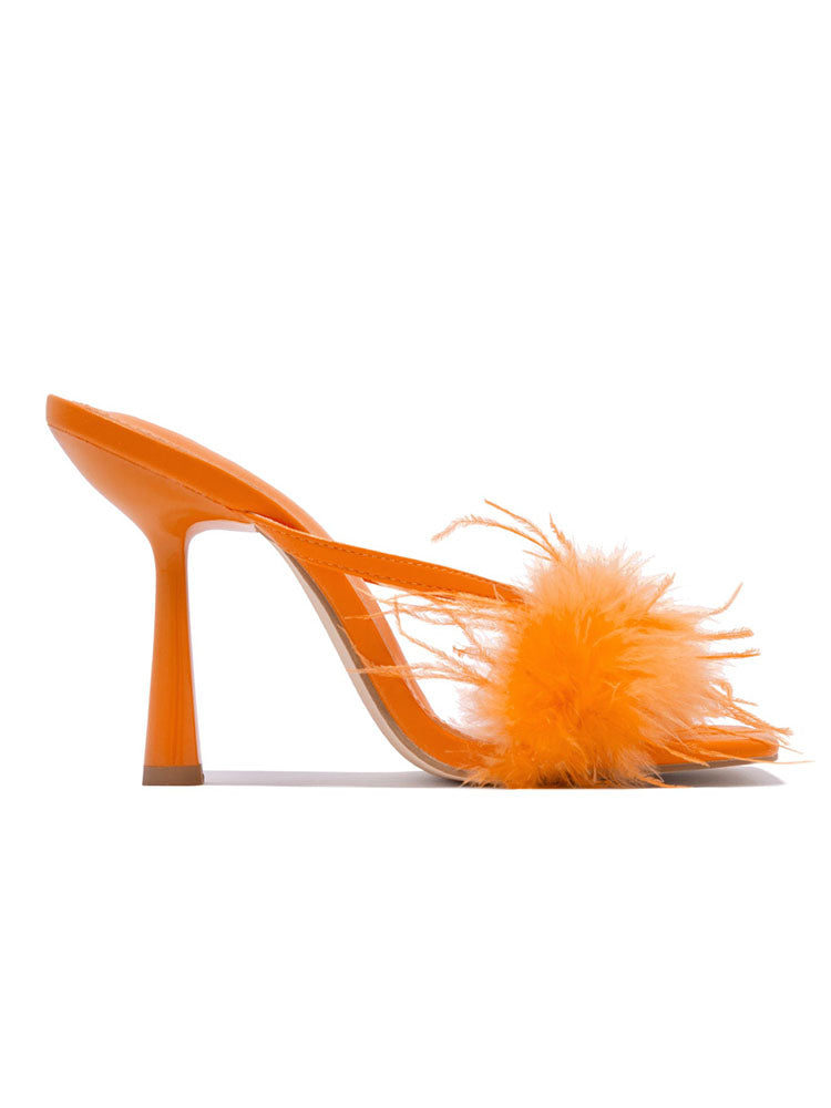 Feather Trim Square Toe Stiletto High Heel Mules
