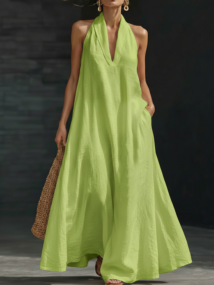 Halter Neck Deep V Sleeveless Flowy A-Line Maxi Dress 4