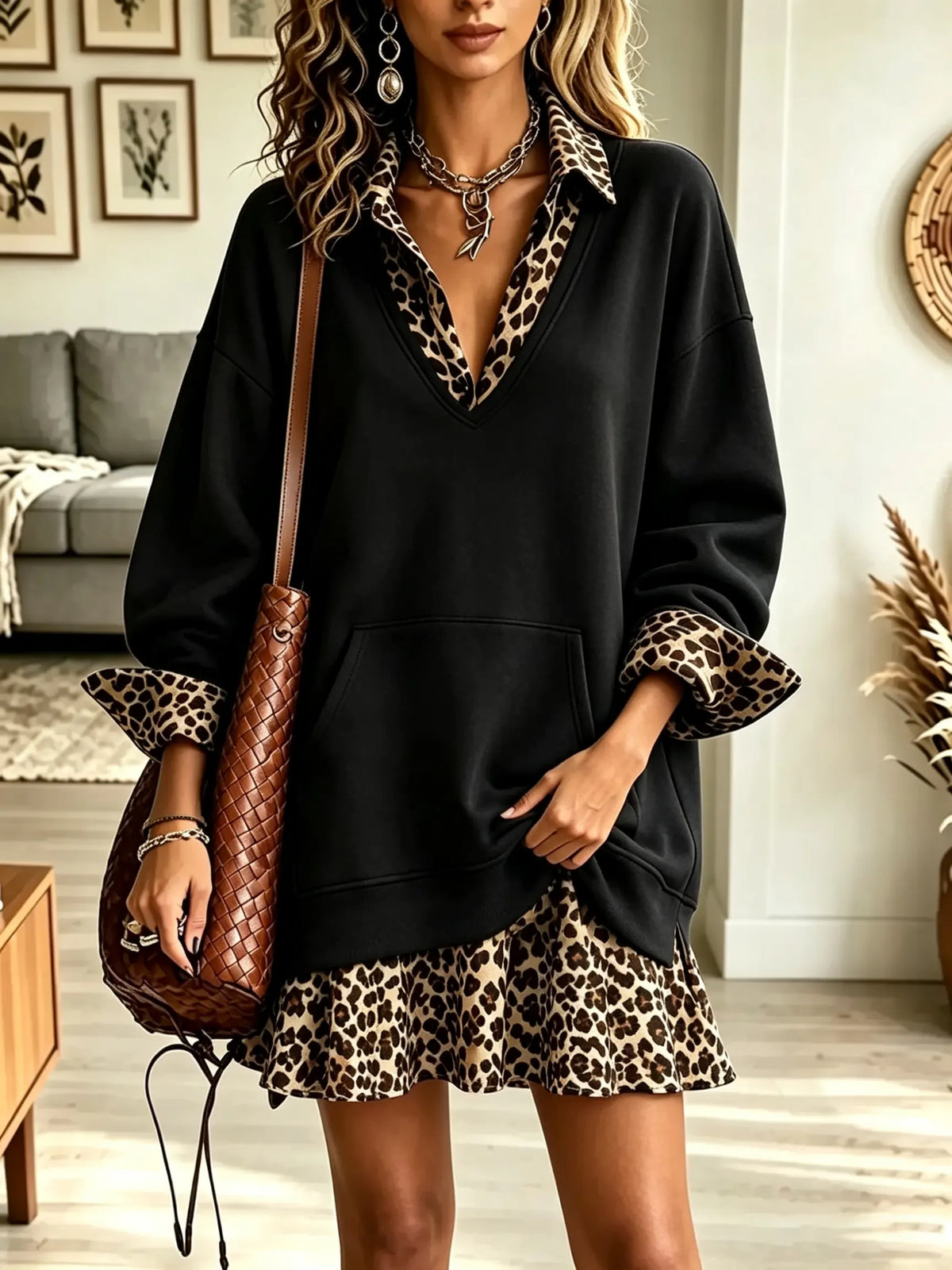 Black Collared Leopard Contrast Trim Oversized Sweatshirt Mini Dress