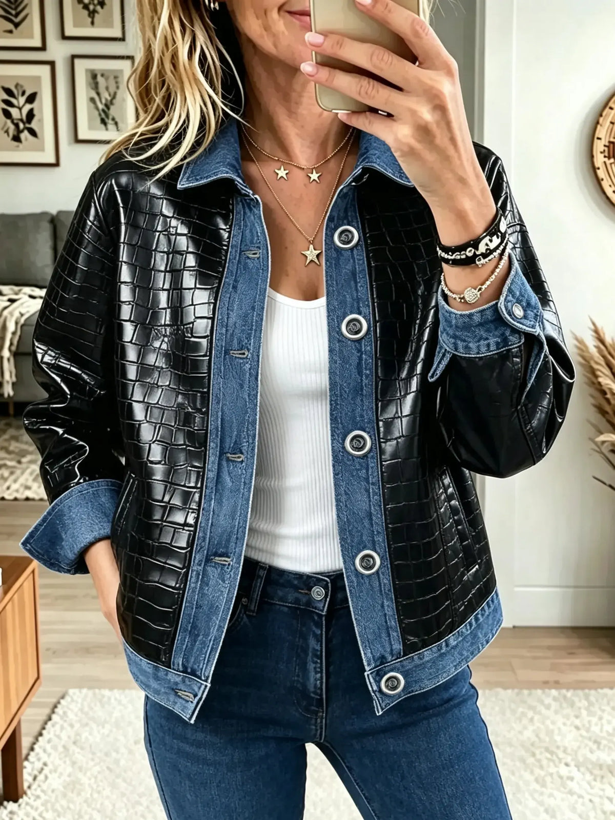Black Collared Croc Embossed Patchwork Button-Front Denim Jacket